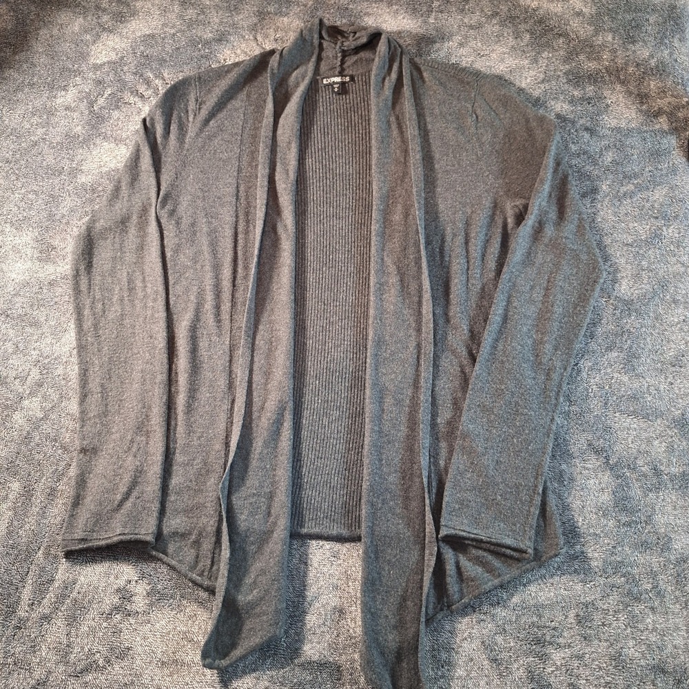 Express Open Front Cardigan Sweater‎ Womans L Dk Gray Ribbed Lightweight